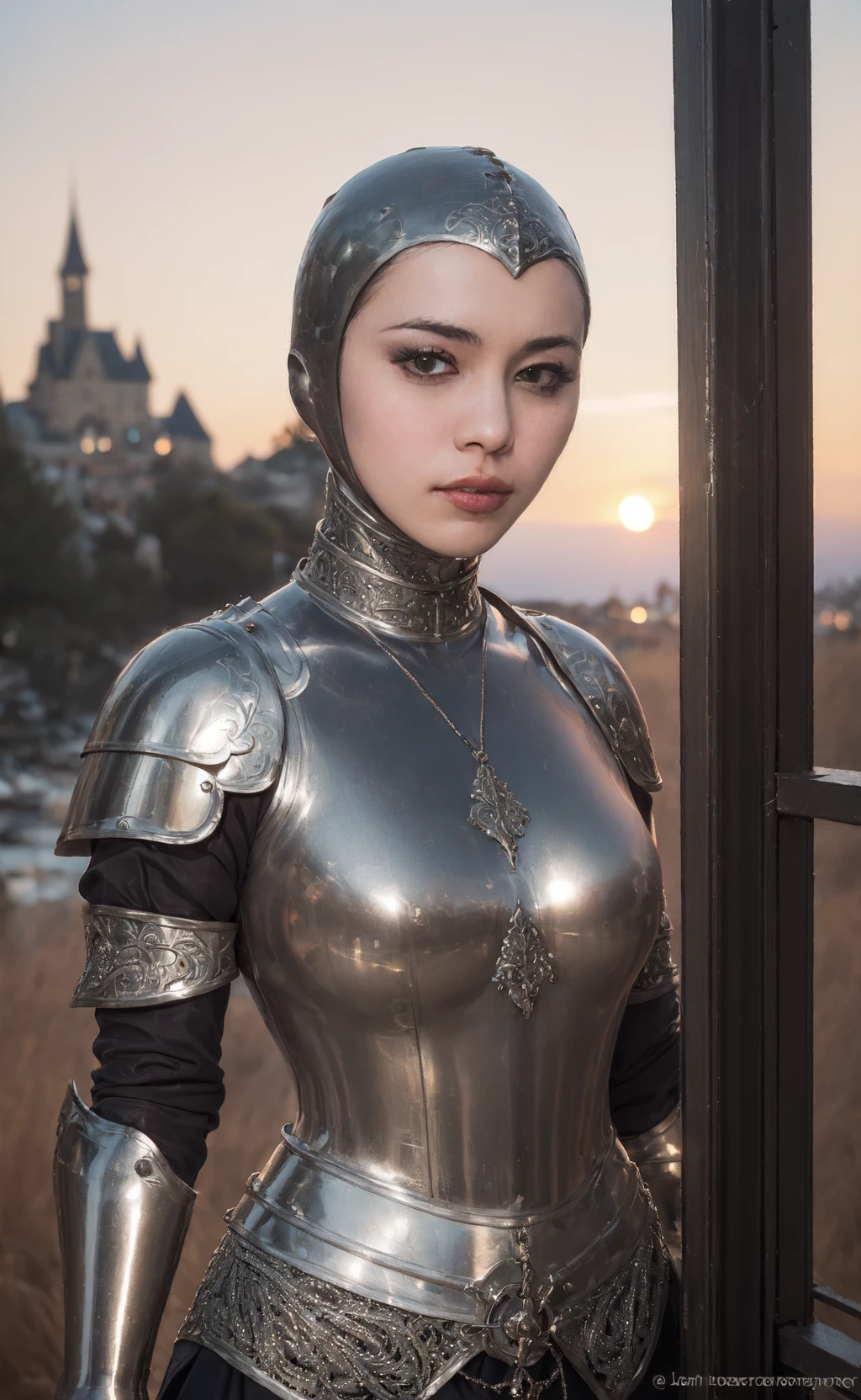(masterpiece), (extremely intricate:1.3), (realistic), portrait of a girl, the most beautiful in the world, (medieval armor), asian, metal reflections, upper body, outdoors, intense sunlight, far away castle, professional photograph of a stunning woman detailed, sharp focus, dramatic, award winning, cinematic lighting, octane render unreal engine, volumetrics dtx, (film grain, blurry background, blurry foreground, bokeh, depth of field, sunset, motion blur:1.3), chainmail, ,noHair, <lora:openFacedHood:0.8>,