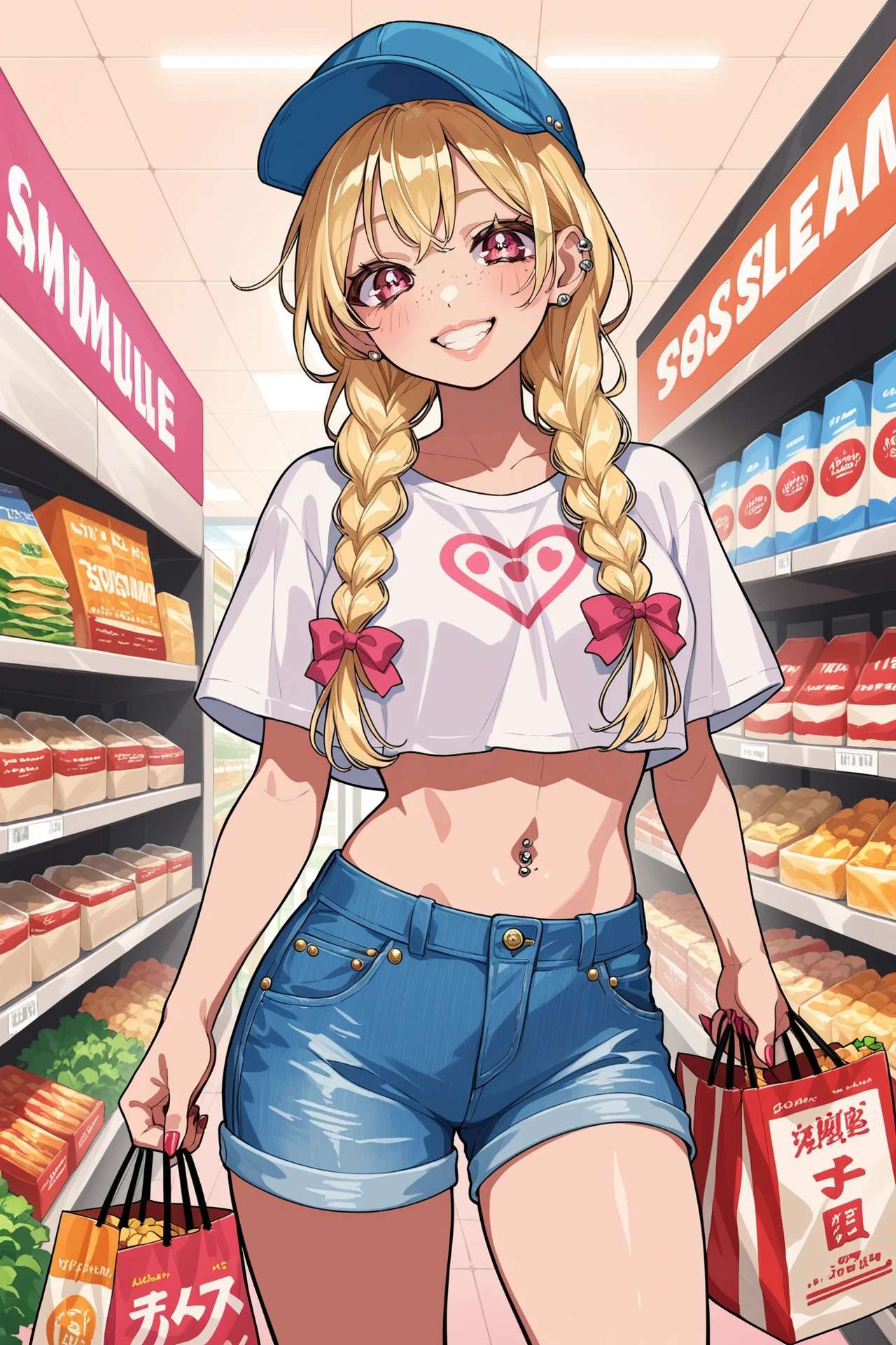 score_9, score_8_superior, score_7_superior, score_6_superior, sauce_anime, Break 1 Girl, onizaki kirara, Blonde, Twin tails, hair ornaments, Pink T-shirt, Large Breasts, sunglasses, Distressed jeans, Shopping mall, I'm watching you,