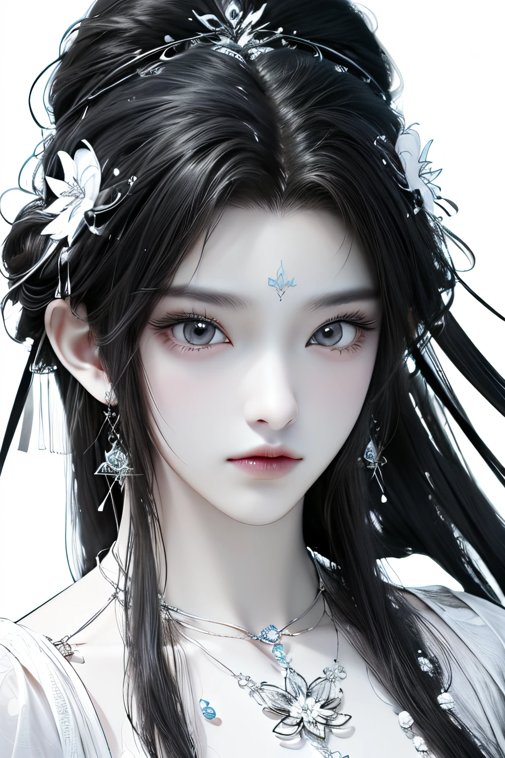 <lora:QingYiV2:0.8>,monochrome,
qingyi,1girl,hair ornament,jewelry,solo,black hair,earrings,long hair,(forehead mark:0.7),white background,(facial mark:0.7),flower,necklace,portrait,expressionless,hair flower,simple background,closed mouth,(monochrome:1.5),lineart,sketch,<lora:animeLineartMangaLike_v30MangaLike>,lineart,monochrome,<lora:give it a name:0.5>,, best quality , masterpiece, illustration, an extremely delicate and beautiful, extremely detailed ,CG,unity,8k wallpaper, Amazing, finely detail, masterpiece, best quality,official art,extremely detailed CG unity 8k wallpaper,absurdres, incredibly absurdres, huge filesize , ultra-detailed, highres, extremely detailed,beautiful detailed girl, extremely detailed eyes and face, beautiful detailed eyes,light on face,