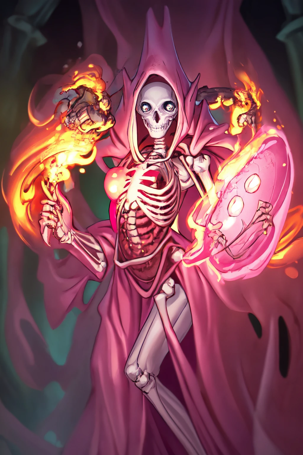 beautiful eyes, beautiful girl, high detail skin, high detail eyes, high detail hair, highres, ultra detailed, sharpen picture, Highly detailed, masterpiece, best quality, photorealistic,
 <lora:Glob HermanLoRA:1>1boy, monster, floating big eyes:1.2, skeleton, pink jelly, a wizard casting fire spells