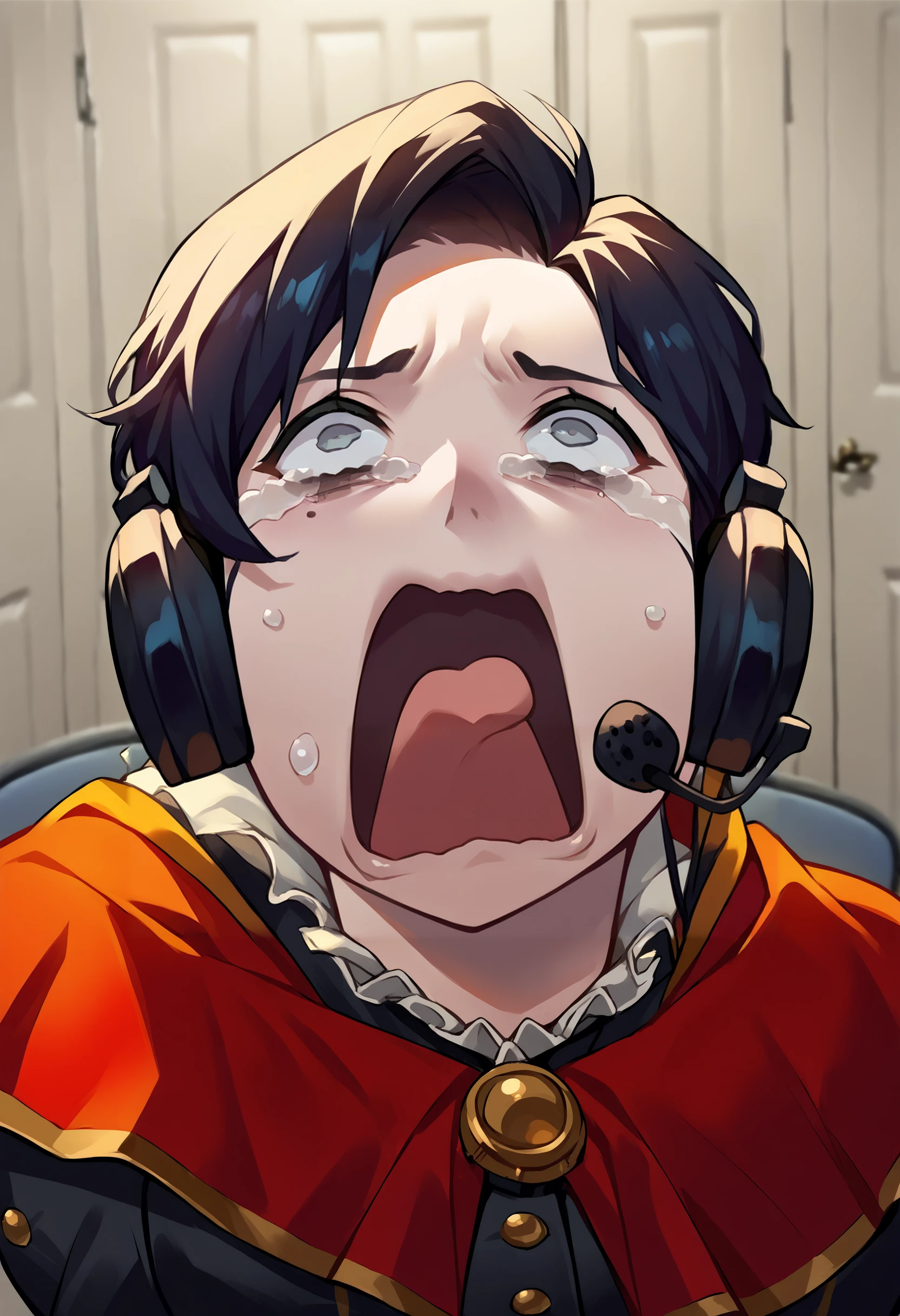 score_9, score_8_up, score_7_up,  1girl, source_anime, <lora:concept_aquascreaming_ponyXL:1> aquascreaming, screaming, open mouth, crying with eyes open, sadlinus, headset, chair, indoors <lora:Degen_Syanna_PDXL:.85> syanna, short hair, dark hair, beauty mark, red capelet, <lora:concept_sadlinus_ponyXL-000010:.9> grey eyes,