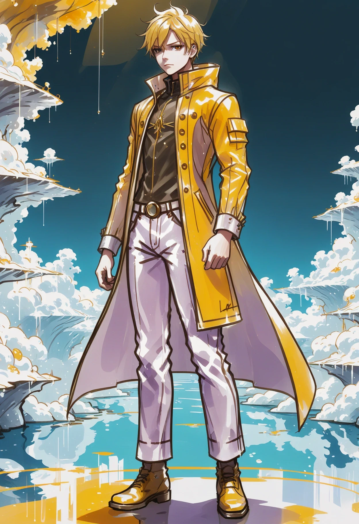 Golden Modernist, anime style, (full body:1.2), 1boy, man, , solo, [Fantastical Costume Design:0.2], Alchemist, Bell Bottoms, Raincoat, Caucasian, Iridescent White Hair, Solid Gold Pants, Golden Modernist Color Palette with Metallic Accents, Sky SciFi Hamlet in a Hydrothermal Vent.