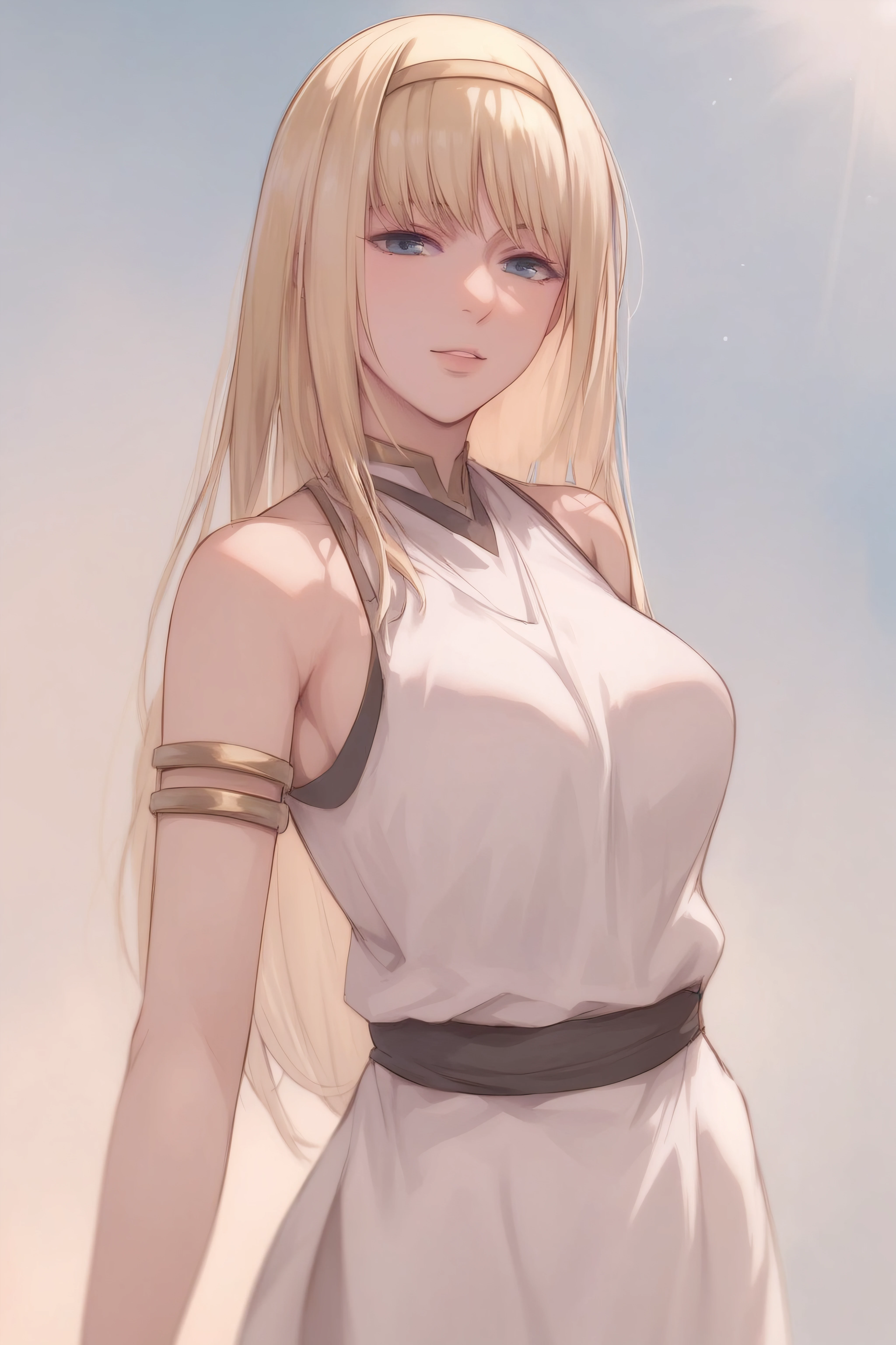 score_9, score_8_up, score_7_up, BREAK source_anime, <lora:Ymir Fritz-PonyXL-lora-faxtron:0.8> ymir fritz, blue eyes, blonde hair, long hair, medium breasts, armlet, bare shoulders, hairband, long white tunic,
