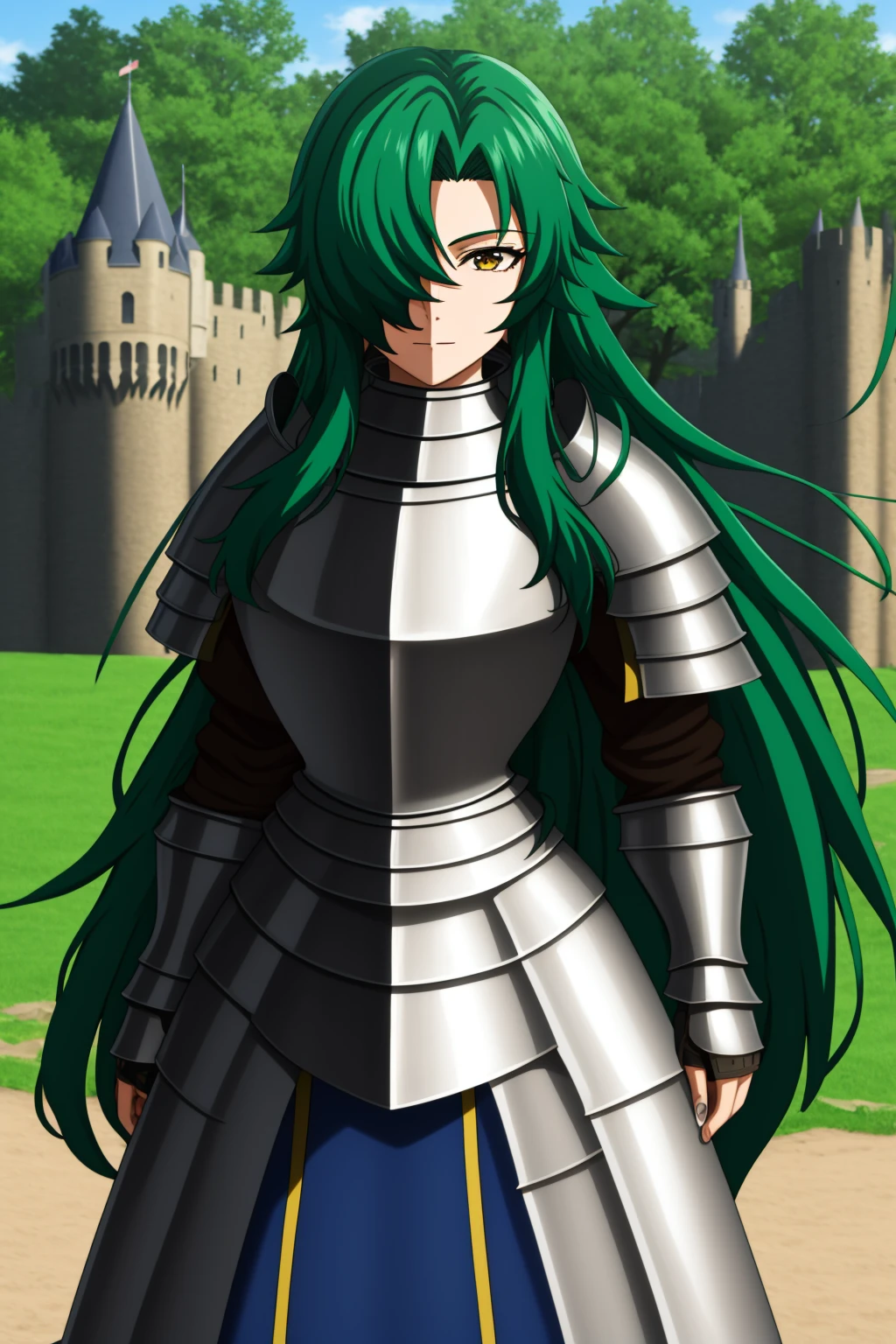 sysdeep_rose, 1girl, solo, long_hair, breasts, looking_at_viewer, brown_eyes, very_long_hair, yellow_eyes, green_hair, hair_over_one_eye, metal_armor, knight_armor, outdoor, castle