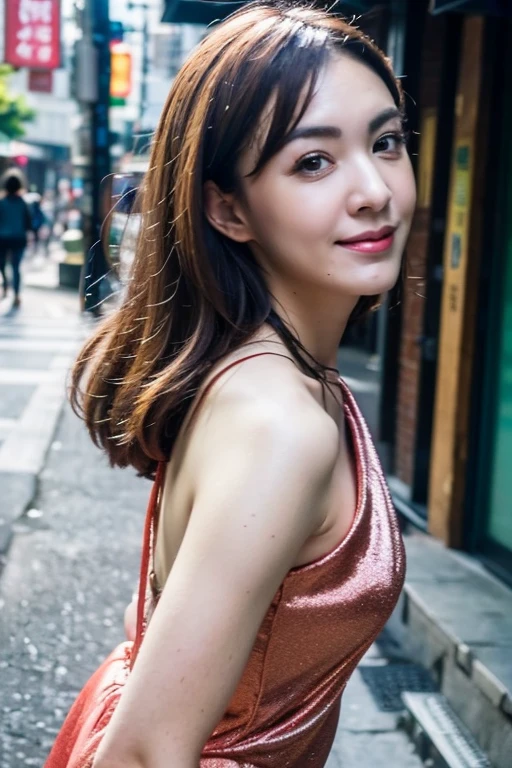 Best quality,masterpiece,ultra high res,photorealistic,1girl,slim body,taipei street alley,dynamic pose,face closeup,depth of field,brown hair,<lora:sandrine_pinna:1>,china_dress,