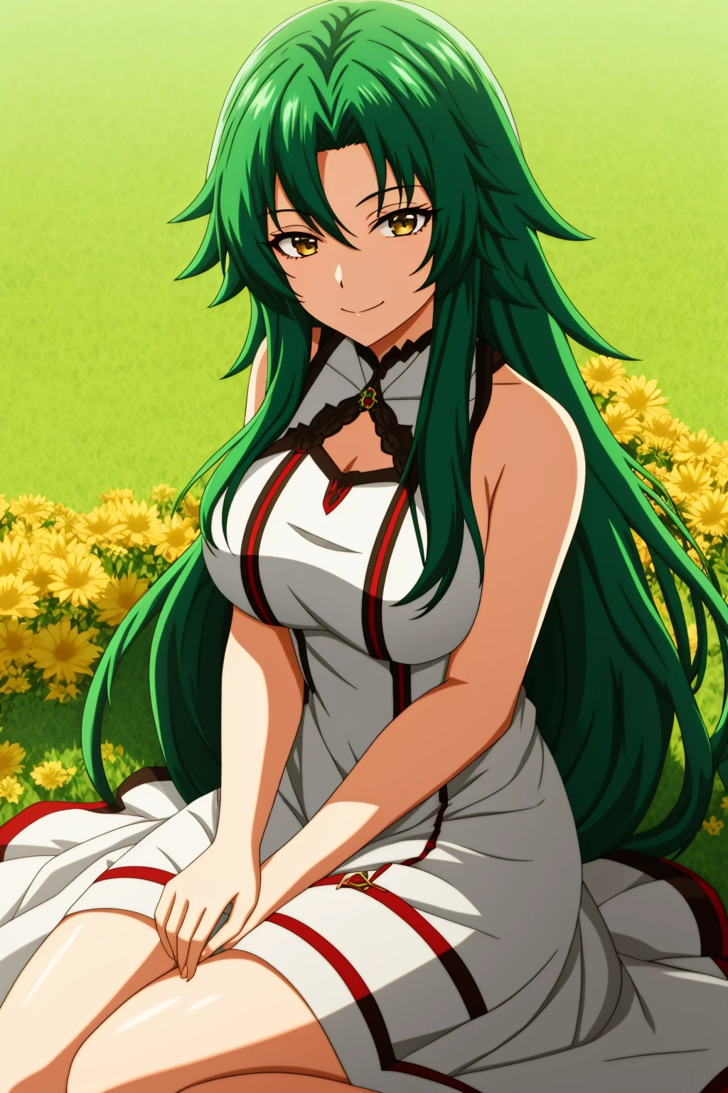 sysdeep_rose, 1girl, solo, long_hair, breasts, looking_at_viewer, brown_eyes, very_long_hair, yellow_eyes, green_hair, summer_dress, white_dress, sitting_on_ground, flower_field, happy, smile