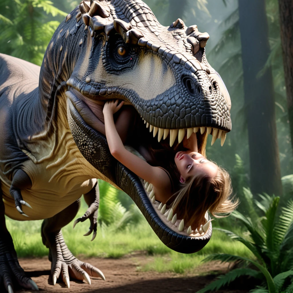 a girl falling into a mouth of a T-rex:.75, 1girl, solo, zoomed out:.-50, raw, masterpiece, extremely detailed photo, extreme ultra best picture, extreme ultra intricate creative detail, extreme hyper realistic detail, extreme ultra hyper photo realism, extreme ultra-hyper immersive visuals, extreme 3D realistic, ultra 4080p, HD, VFX, SFX, FKAA, TXAA, RTX, SSAO