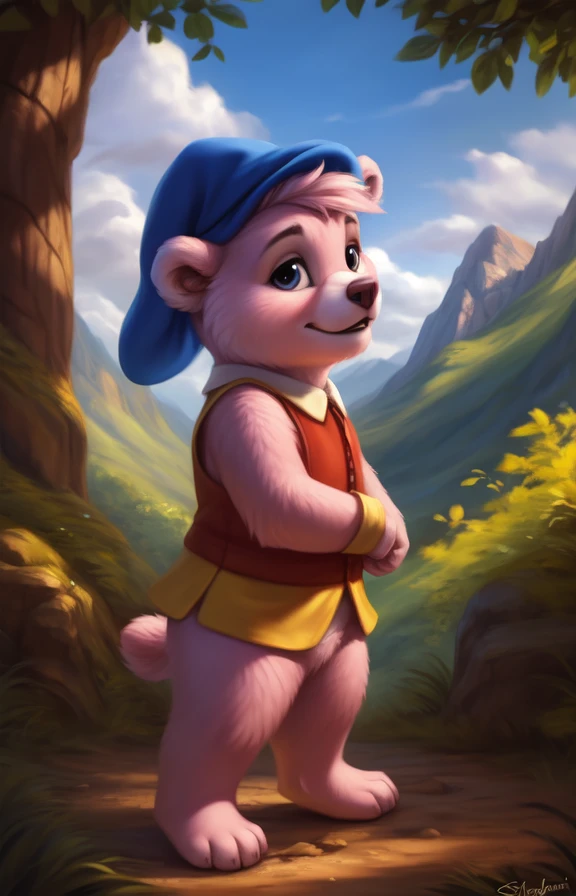 CubbiGummiCartoon  <lora:CubbiGummiCartoon:0.75>  Blue hat, feather on hat with button, Red-yellow blouse,, pink wool, chibi, baby, child, bear smal tail, without pants,
[Forest, path, trees, sky clouds, mountains,] textured fur, solo,  looking at viewer, to his full height,  boy male,  wristband on the tail,
by silgiriya mantsugosi, [[detailed Chunie lighting ]], [by personalami0.2], by cynicalstarr,