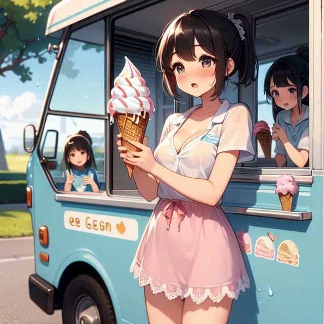 (((masterpiece))), (((best quality))), (((ice cream truck))), ((clerk's hand holding a ice cream)), ((watering)), ((dripping)), ((splash)), ((2girls)), baseball cap, tied shirt, denim shorts, short dress, parted lips, drooling, sweat, park, playground,solo, 1girl, cleavage, big tits, ribbon, (black hair), ponytail, short hair, shy, blush, slim figure, <lora:girllikeicecreamtruck:0.9>