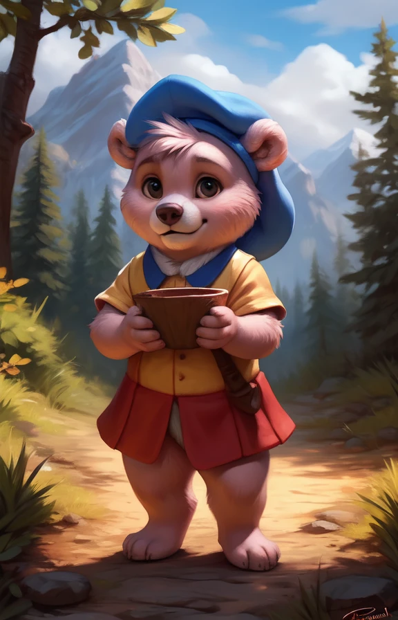 CubbiGummiCartoon  <lora:CubbiGummiCartoon:0.75>  Blue hat, feather on hat with button, Red-yellow blouse,, pink wool, chibi, baby, child, bear smal tail, without pants,
[Forest, path, trees, sky clouds, mountains,] textured fur, solo,  looking at viewer, to his full height,  boy male,  wristband on the tail,
by ulitochka, by taran fiddler, by Silverfox5213, by personalami,