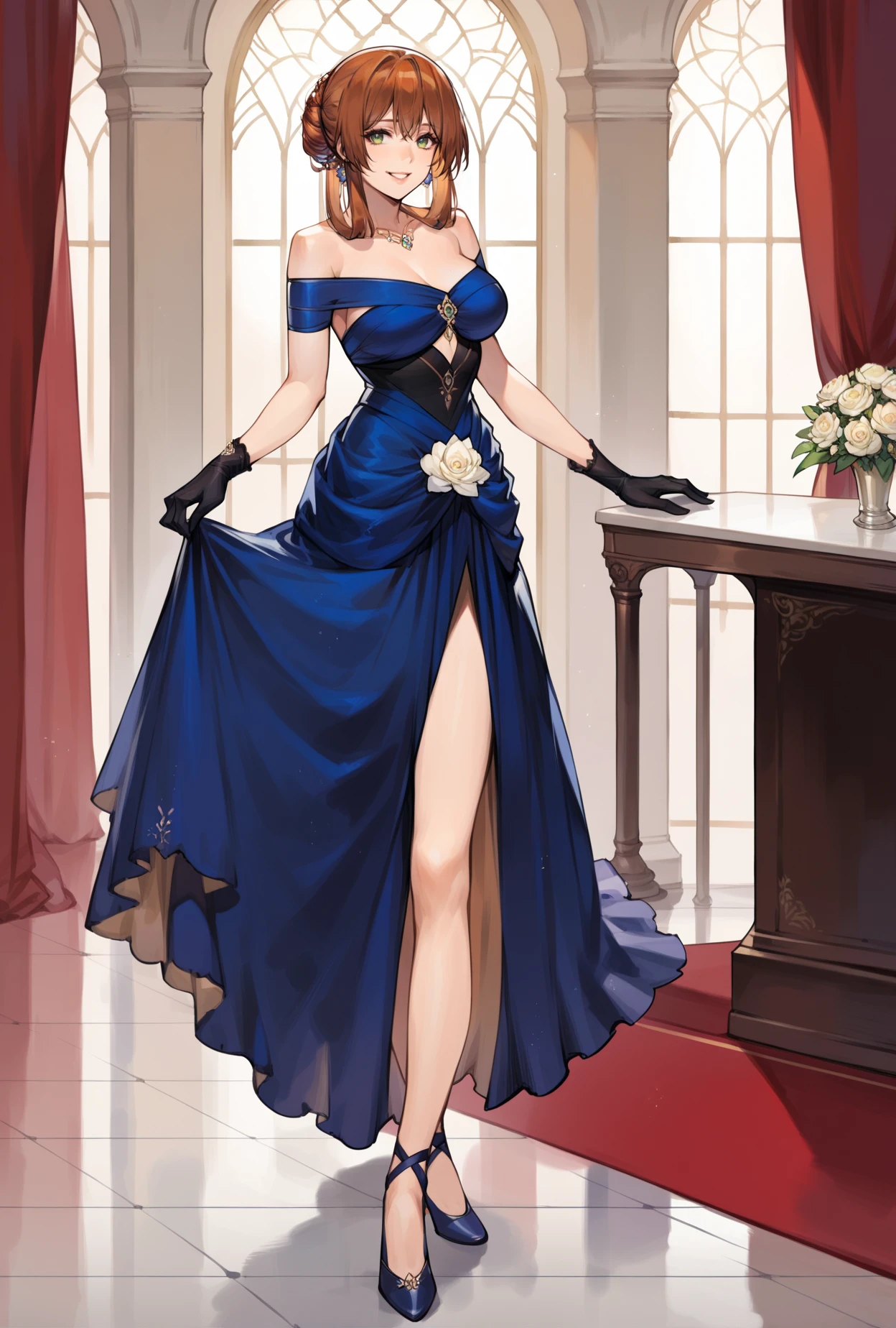 score_9, score_8_up, score_7_up, springqueen,  1girl,  green eyes, auburn hair, <lora:springfield-pdxl:0.9>,blue dress, evening gown, off-shoulder dress, black gloves, skirt lift, hair bun, sidelocks, bangs, long dress, high heels, hair rings, smile,