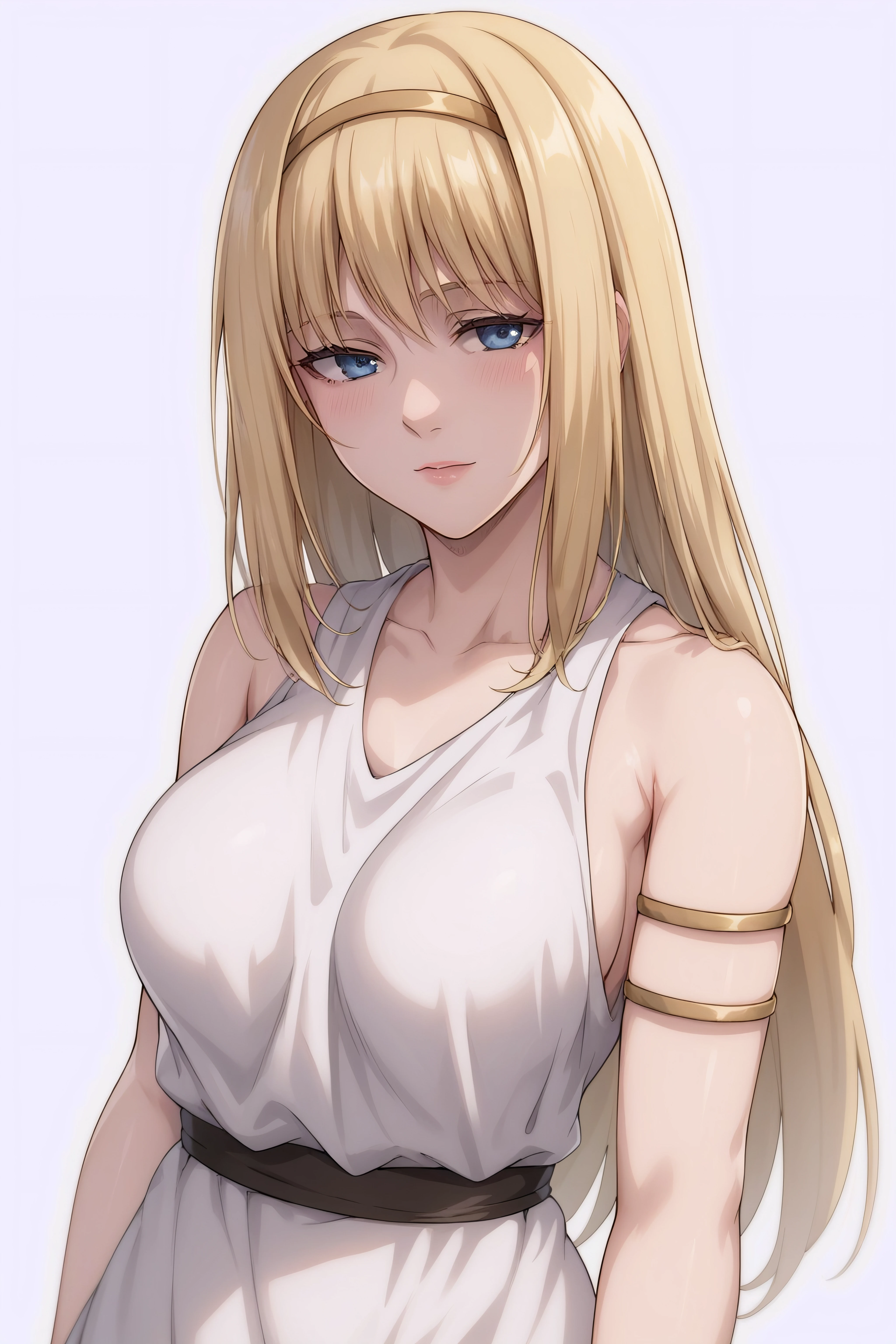 score_9, score_8_up, score_7_up, BREAK source_anime, <lora:Ymir Fritz-PonyXL-lora-faxtron:0.8> ymir fritz, blue eyes, blonde hair, long hair, medium breasts, armlet, bare shoulders, hairband, long white tunic,