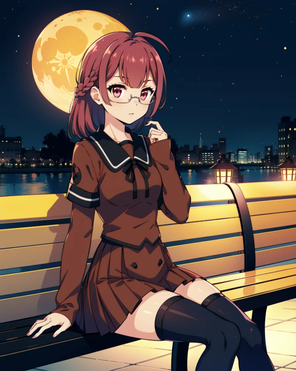 masterpiece, high quality, 1girl, mgrctokiwananaka, cowboy shot, pink hair, medium hair, ahoge, pink eyes, french braid, red with black shirt, long sleeves, red buttoned skirt, black bowtie, black thighhighs, glasses, surprised, sitting, bench, park, lantern, sky, stars, moon, city, <lora:mgrctokiwananaka-000006:0.8>