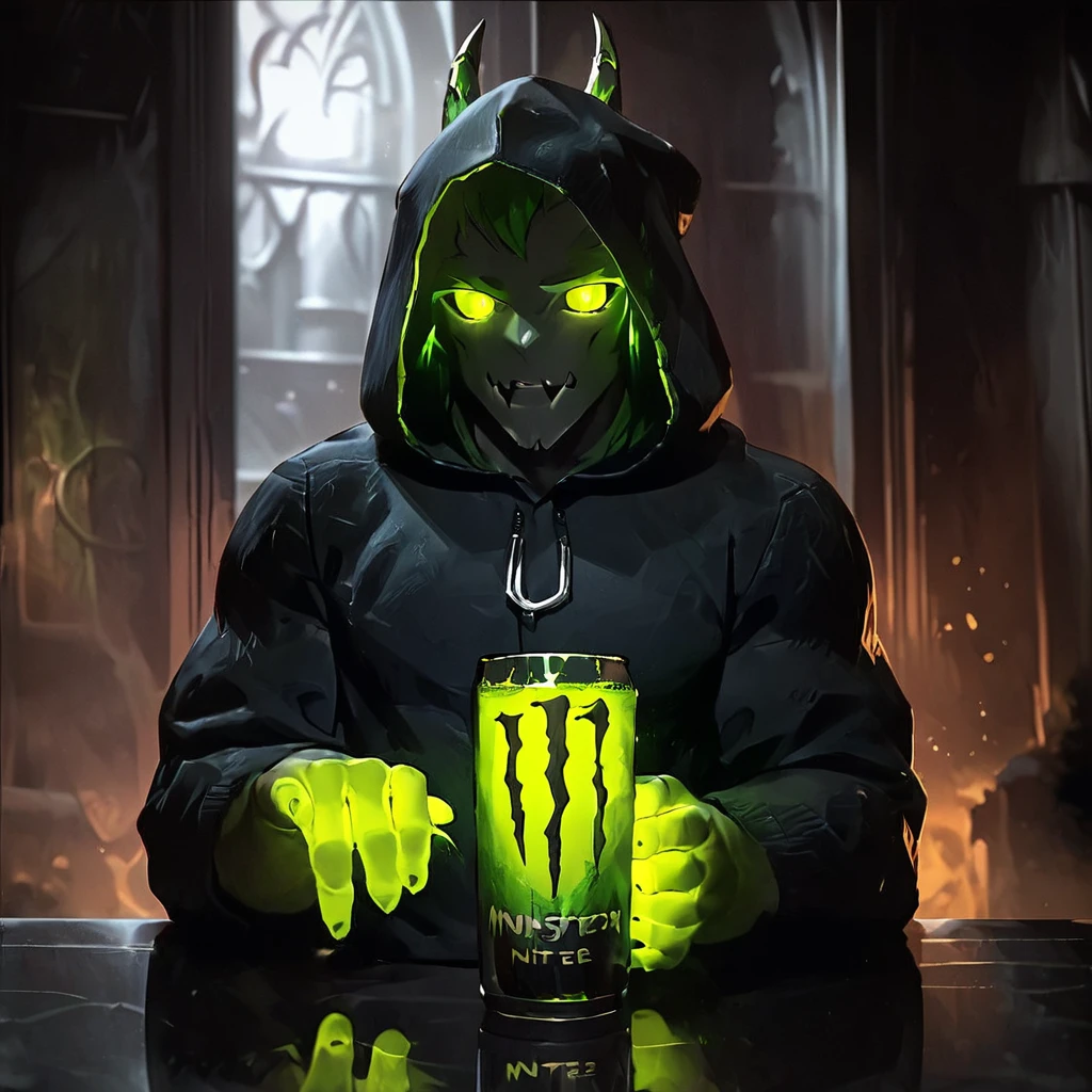 score_9, score_8_up, score_7_up,  <lora:MonsterNitroPony:0.6>,NitroEnergy,solo,holding,cup,1man,wearing dark hood,huge glowing green glass cup in the midle of the table,holding cup with both hands,long dark demon fingers,wearing black gloves,monster nitro style backround,dark backround,
 <lora:LowKeyLightsPony:0.8> LowKeyLights