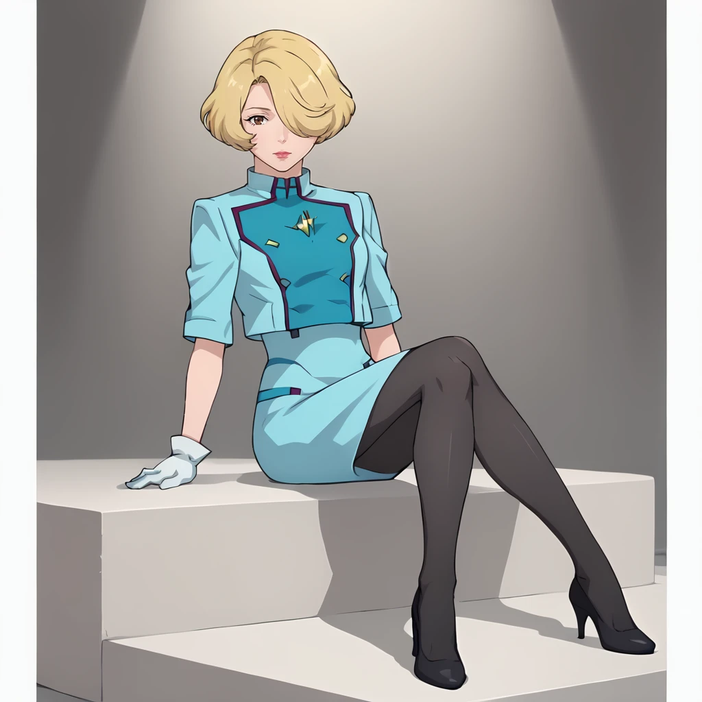 <lora:MaceFlowerXLpony001>,
solo,
MaceFlower,1girl,blonde hair,short hair,hair over one eye,brown eyes,
uniform,dress,blue jacket,cropped jacket,
white gloves,
tight skirt,blue skirt,black pantyhose,
high_heels,
full body,sitting,