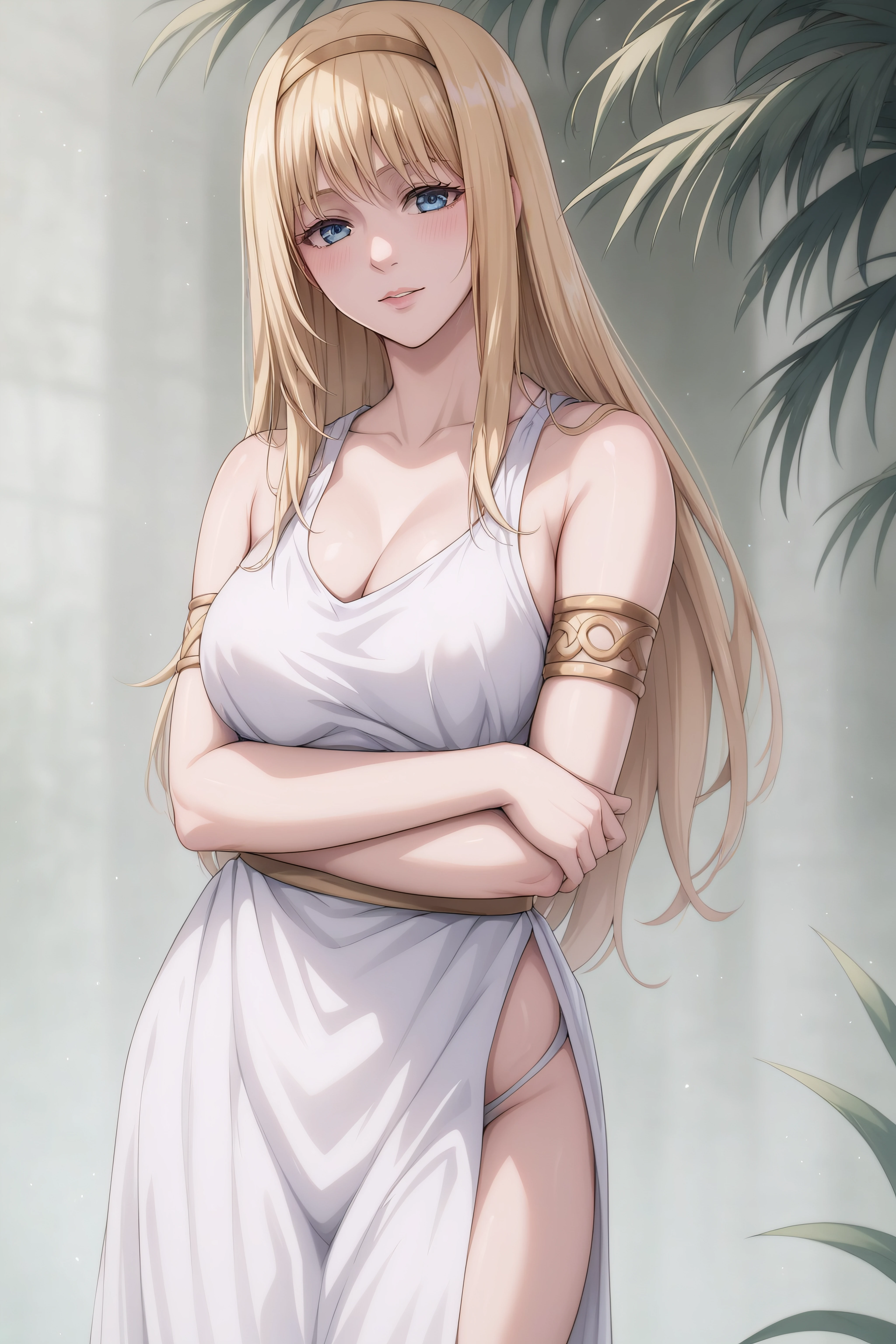 score_9, score_8_up, score_7_up, BREAK source_anime, <lora:Ymir Fritz-PonyXL-lora-faxtron:0.8> ymir fritz, blue eyes, blonde hair, long hair, medium breasts, armlet, bare shoulders, hairband, long white tunic,