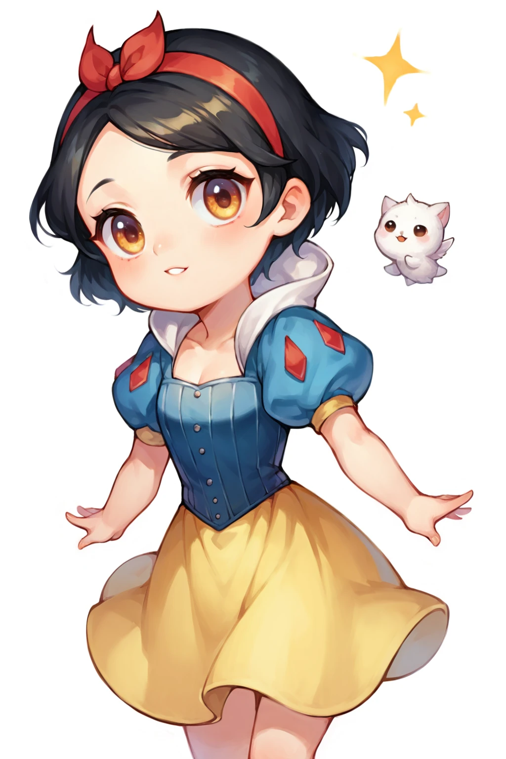 score_9, score_8_up, score_7_up, source_anime, highly detailed, 1girl, chibi:0.5, SnowWhiteXLP, black hair, short hair, red hairband, puffy sleeves, dress, yellow skirt, corset, simple background, white background, <lora:justduet_SDXLPONY_r70_768_dim32-a4-adamW-000009:0.6>, <lora:SnowWhiteXLP_character:0.2>