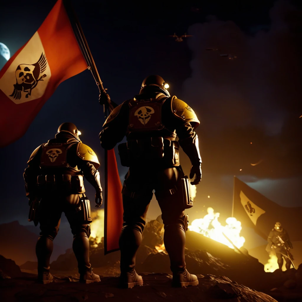 Helldivers with a flag in the background, realistic, cinematic, night shot