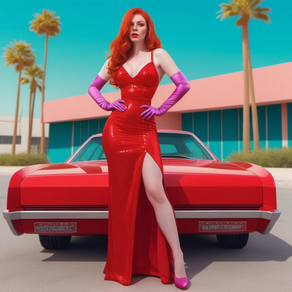 GTA-style artwork a full body redhead woman wears a red longdress  <lora:JR1024:0.8> . Satirical, exaggerated, pop art style, vibrant colors, iconic characters, action-packed