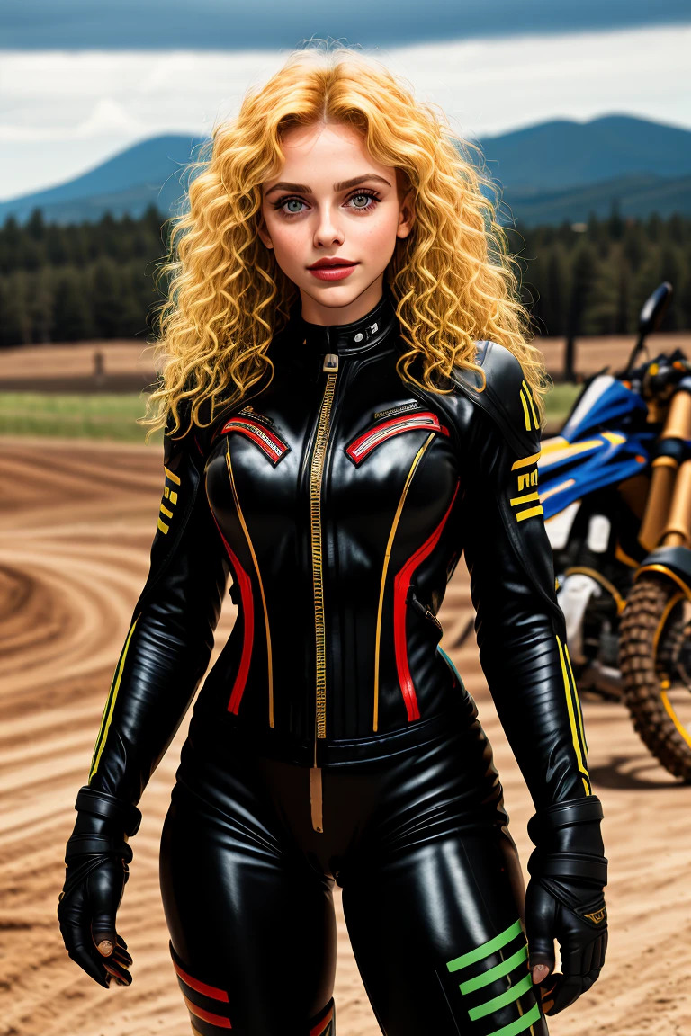 RAW photo, tv_Marlena_MXAI, , , wearing a full body biker suit, standing next to a dirtbike, happy expression,, 8k resolution, highres, high detail, sharp focus, detailed skin, 8k uhd,