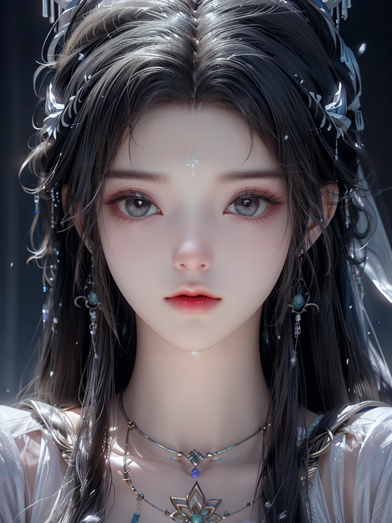 <lora:QingYi:0.8>,<lora:GoodHands-beta2:1>,<lora:Detail Tweaker LoRA (ç»èè°æ´):0.6>,
qingyi,1girl,solo,forehead mark,hair ornament,facial mark,black hair,jewelry,long hair,earrings,portrait,expressionless,looking at viewer,close-up,grey eyes,black background,simple background,snowing,snow on head,glowing,facing viewer,(snow:1.3),Ornament glow,, best quality , masterpiece, illustration, an extremely delicate and beautiful, extremely detailed ,CG,unity,8k wallpaper, Amazing, finely detail, masterpiece, best quality,official art,extremely detailed CG unity 8k wallpaper,absurdres, incredibly absurdres, huge filesize , ultra-detailed, highres, extremely detailed,beautiful detailed girl, extremely detailed eyes and face, beautiful detailed eyes,light on face,