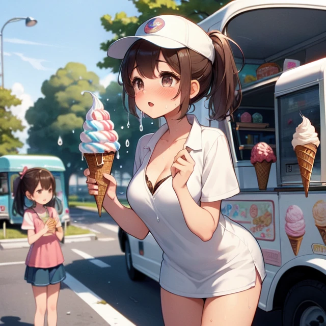 (((masterpiece))), (((best quality))), (((2girls))), (((ice cream truck))), (((clerk's hand holding a ice cream))), (((watering))), (((dripping))), ((splash)), (baseball cap), tied shirt, denim shorts, parted lips, drooling, sweat, park, playground, twilight, lamppost, short dress, collarbone, cleavage, (big tits), ribbon, (gray long hair), brown ponytail, short hair, sweat, shy, blush, slim figure, <lora:girllikeicecreamtruck:0.9>