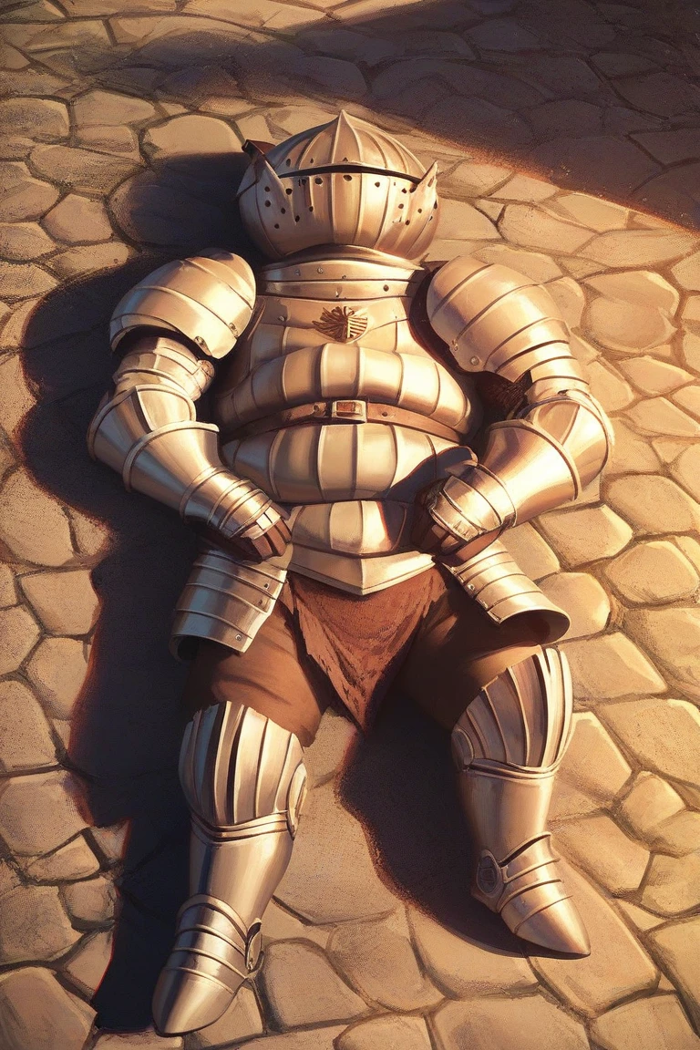 man, lying on back, <lora:Siegmeyer of Catarina-000009:0.8>, siegmeyer_of_catarina,  castle, standing, lying on ground, zPDXL, score_9, score_8_up, score_7_up,