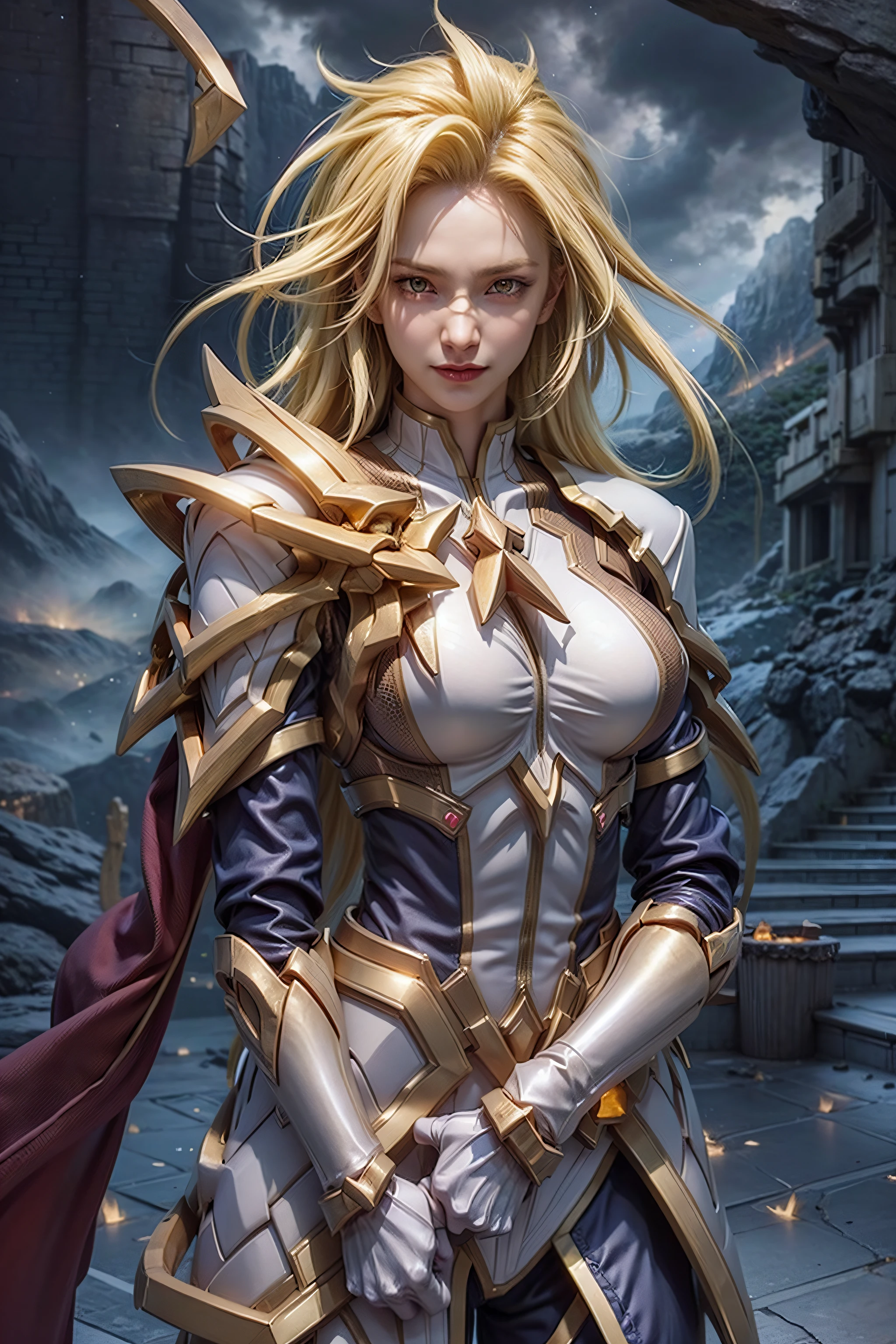 <lora:Yorn_AoV:0.8>, vn, Yorn Normal, solo, (1girl:1.4), long hair, blonde hair, shiny, shiny hair, yellow eyes, glowing, glowing eyes, looking at viewer, closed mouth, smile, cape, breasts, (large breasts:1.4), armor, breastplate, shoulder armor, long sleeves, gauntlets, gloves, pants, black pants, boots, armored boots, white footwear, pauldrons, cowboy shot, <lora:add_detail:1>, outdoors, sky, cloud, night, star (sky), scenery, crystal, stairs, mountain, fog