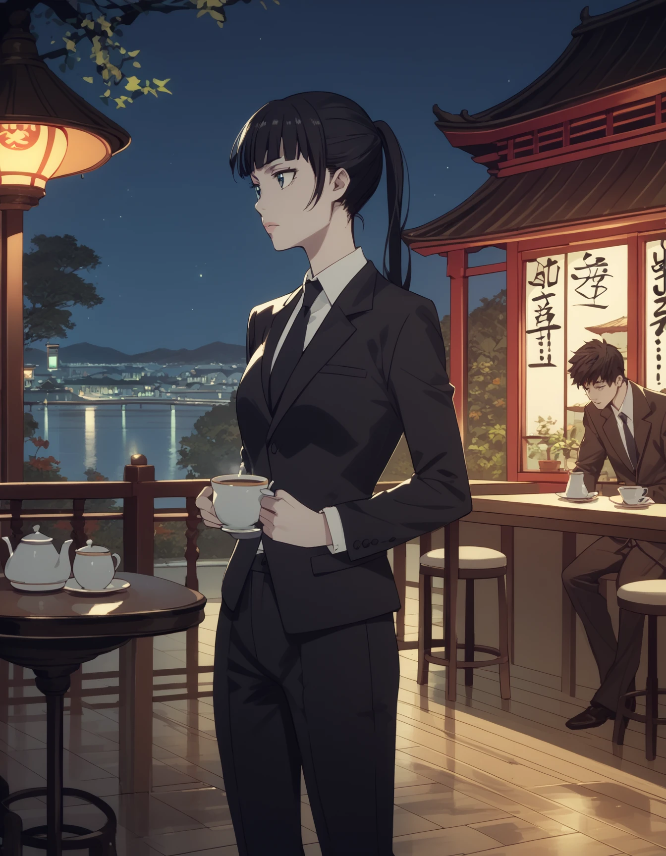 score_9, score_8_up, score_7_up, score_6_up, score_5_up, score_4_up
<lora:akane-yayoi-ponyxl:1> kunizuka, pant suit, black pants,
1girl, looking to the side, cafe, tea, outdoors, night, east asian architecture, (screenshots:0.4)