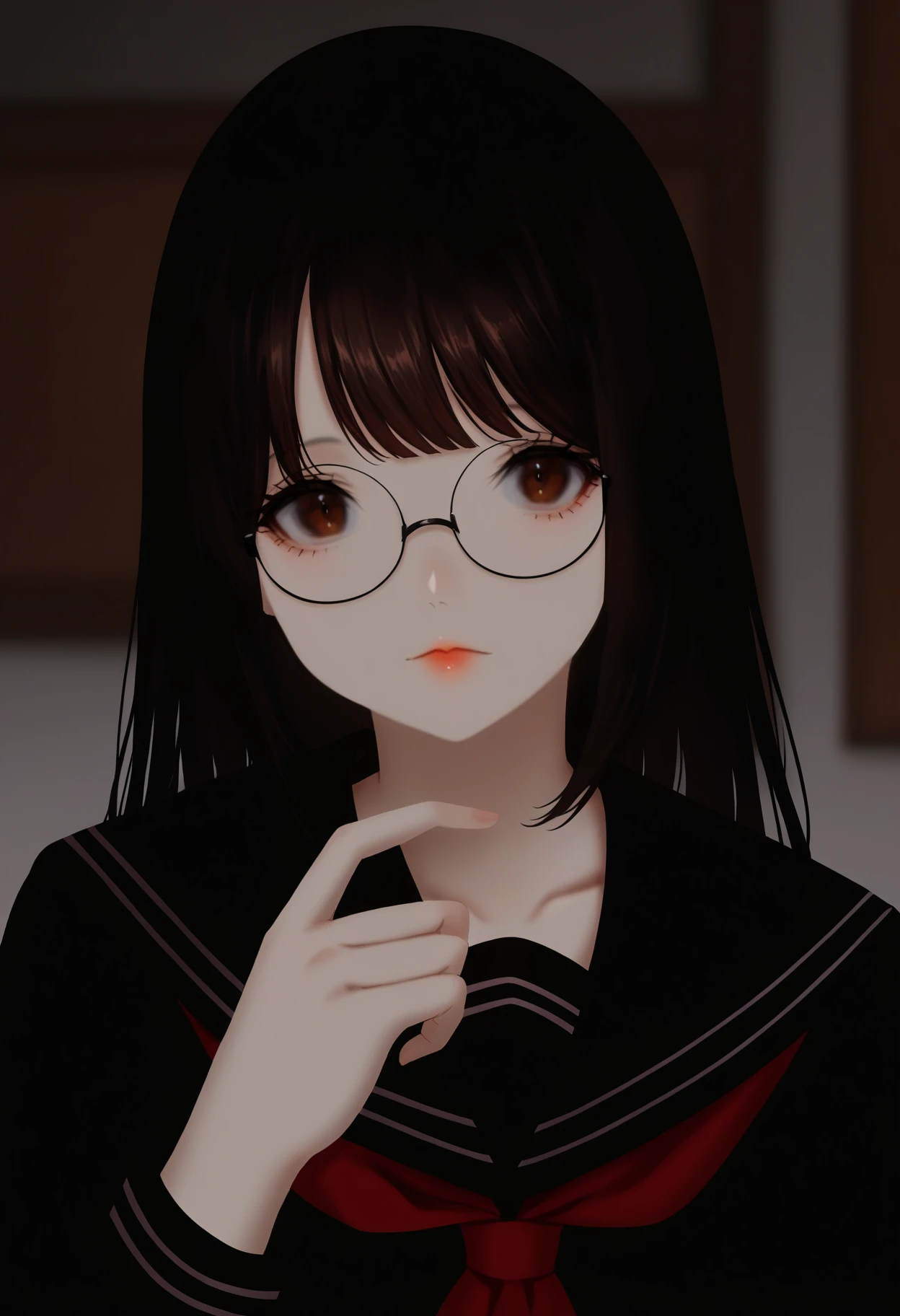 score_9, best quality, masterpiece, uncensored, source_anime
BREAK
1girl, solo, long hair, looking at viewer, bangs, shirt, black hair, brown eyes, closed mouth, school uniform, upper body, glasses, serafuku, sailor collar, blurry, black eyes, neckerchief, black shirt, blurry background, red neckerchief, black-framed eyewear, black sailor collar, black serafuku, round eyewear, red lips
<lora:aoi_ogata_pony_v2:1>