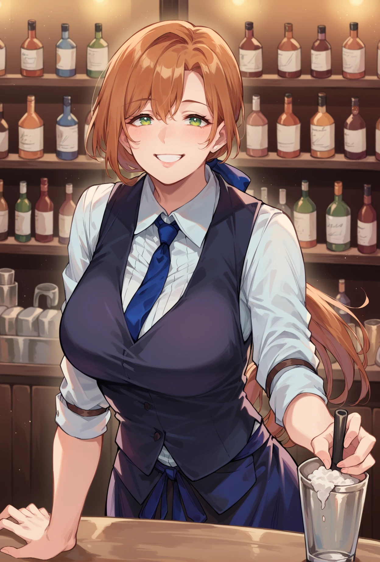 score_9, score_8_up, score_7_up, springhn,  1girl,  green eyes, auburn hair, <lora:springfield-pdxl:0.9>, apron, bartender, black vest, blue necktie, blue ribbon, collared shirt, ponytail, bangs, smile, long hair, mature female,