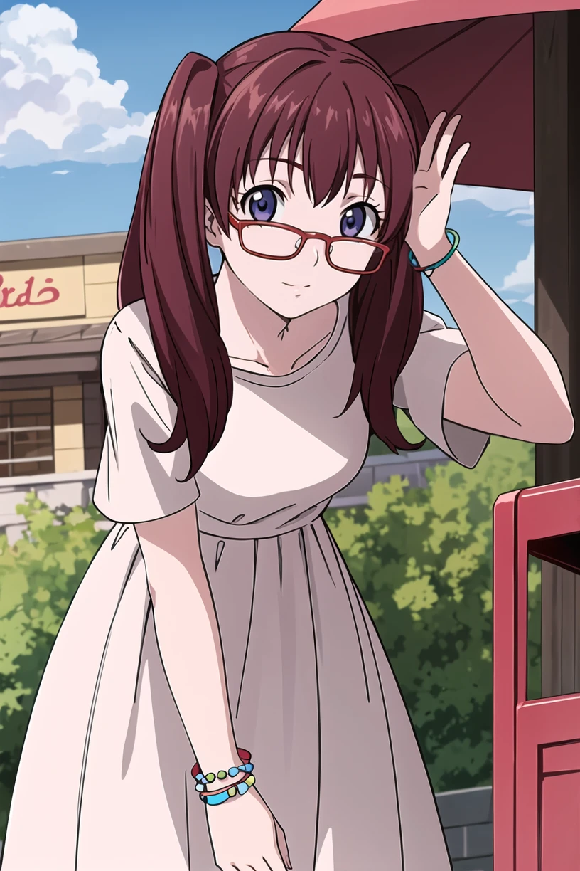 best quality,masterpiece,looking at viewer,absurdres,1girl,
depth of field,<lora:010-é£è½®å°å¹´-é山鿿ªV1-000010:0.7>,noyamano ringo,red hair,purple eyes,twintails,long hair,glasses,red-framed eyewear,dress,white dress,casual dresses,bracelet,amusement_park,outdoors,toll gate,stand,say hello,leaning_forward,arms_up,waving,(ferris wheel:0.8),,