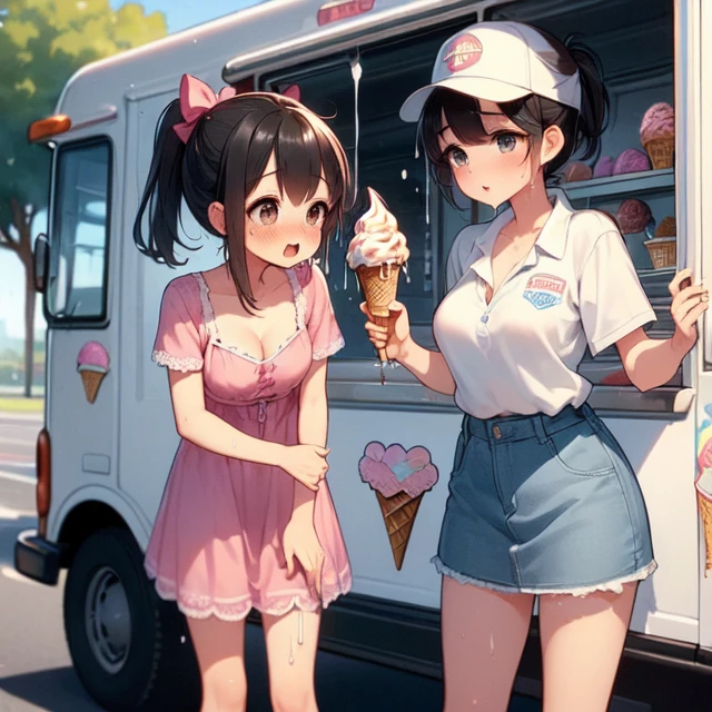 (((masterpiece))), (((best quality))), (((ice cream truck))), ((clerk's hand holding a ice cream)), ((watering)), ((dripping)), ((splash)), ((2girls)), baseball cap, tied shirt, denim shorts, parted lips, drooling, sweat, park, playground, short dress, cleavage, big tits, ribbon, (black hair), ponytail, short hair, shy, blush, slim figure, <lora:girllikeicecreamtruck:0.9>