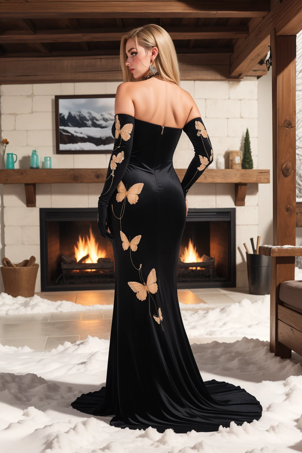 adult beautiful woman, high quality, best quality, highres, high detail, <lora:BFPrm-48:0.8> dr3ss, chain, diamond:1.3 butterfly print, black dress, long dress, standing, necklace, earrings, off shoulder,  elbow gloves, black gloves, cleavage Cozy Alpine Cabin Bedroom, Rustic wooden beams, a plush fur rug, and a crackling fireplace, providing a warm and inviting retreat amidst snow-capped mountains. full body, bodycon tapered, from behind, ass