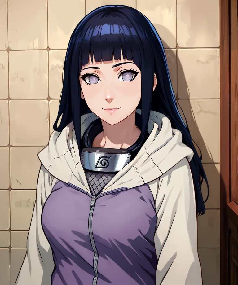 Hinata,black hair,blunt bangs,no pupils,grey eyes,long hair,
long sleeves,konohagakure symbol,forehead protector around neck,hood down,
standing,
light smile,
solo,
(insanely detailed, masterpiece, best quality,),<lora:HinataShip:0.9>,