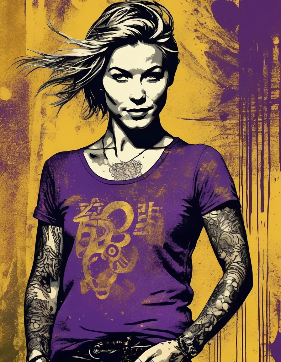 <lora:Julianne Hough V4-000006:1.0>, jlnnhghdws woman ,an illustration of a woman with tattoos on a grunge background, in the style of bo chen, bold graphic comic book art, purple and gold, raymond leech, 32k uhd, ai weiwei, bold posters