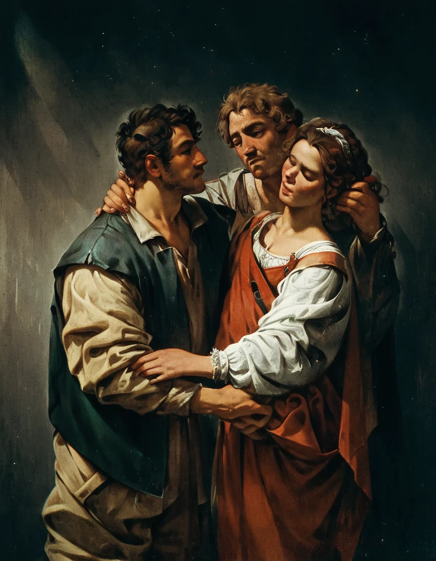 score_9, score_8_up, score_7_up, score_6_up, score_5_up, score_4_up, crvggio, a woman and a man, embrace, caress, dark background,