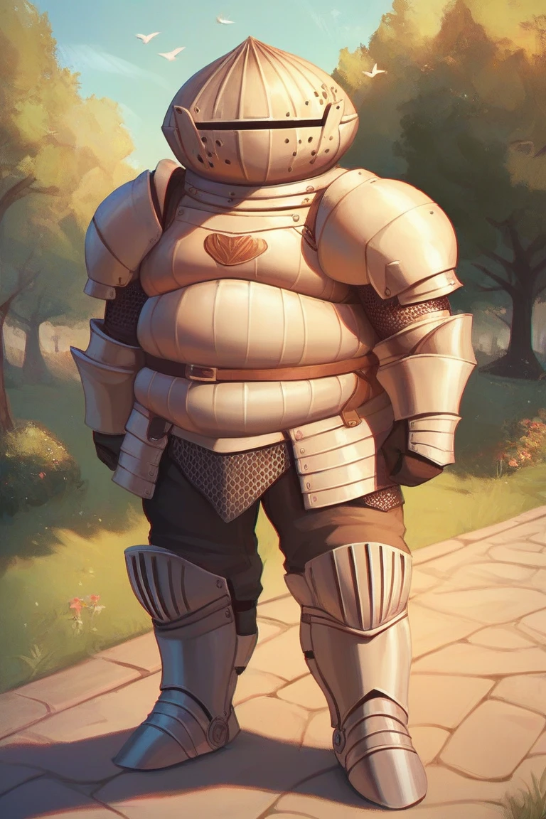 man, <lora:Siegmeyer of Catarina-000009:0.8>, siegmeyer_of_catarina, wearing armor, park, bird on shoulder, zPDXL, score_9, score_8_up, score_7_up,