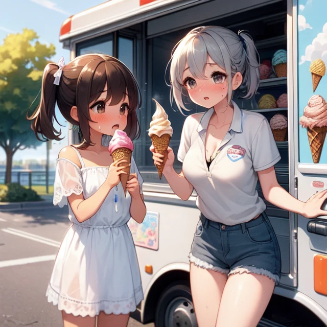 (((masterpiece))), (((best quality))), (((2girls))), (((ice cream truck))), (((clerk's hand holding a ice cream))), (((watering))), (((dripping))), ((splash)), (baseball cap), tied shirt, denim shorts, parted lips, drooling, sweat, park, playground, twilight, lamppost, short dress, collarbone, cleavage, (big tits), ribbon, (gray long hair), brown ponytail, short hair, sweat, shy, blush, slim figure, <lora:girllikeicecreamtruck:0.9>