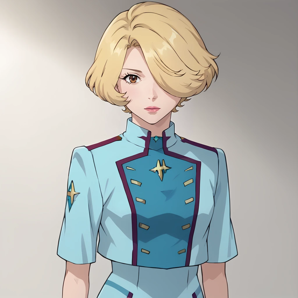 <lora:MaceFlowerXLpony001>,
solo,
MaceFlower,1girl,blonde hair,short hair,hair over one eye,brown eyes,
uniform,dress,blue jacket,cropped jacket,