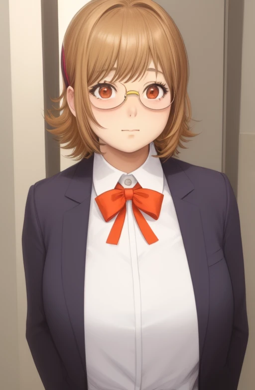 Momota Kaedeko \(Junjou Decamelon\), masterpiece, best quality, 1girl, brown eyes, orange hair, glasses, hair clip, school uniform \(Junjou Decamelon\), JACKET|white collared shirt, red neck string, huge breasts, closed mouth, looking at viewer, shirt, short hair, background: Picturesque vineyard , solo, upper body,,<lora:Momota-Kaedeko_(Junjou-Decamelon):0.9>