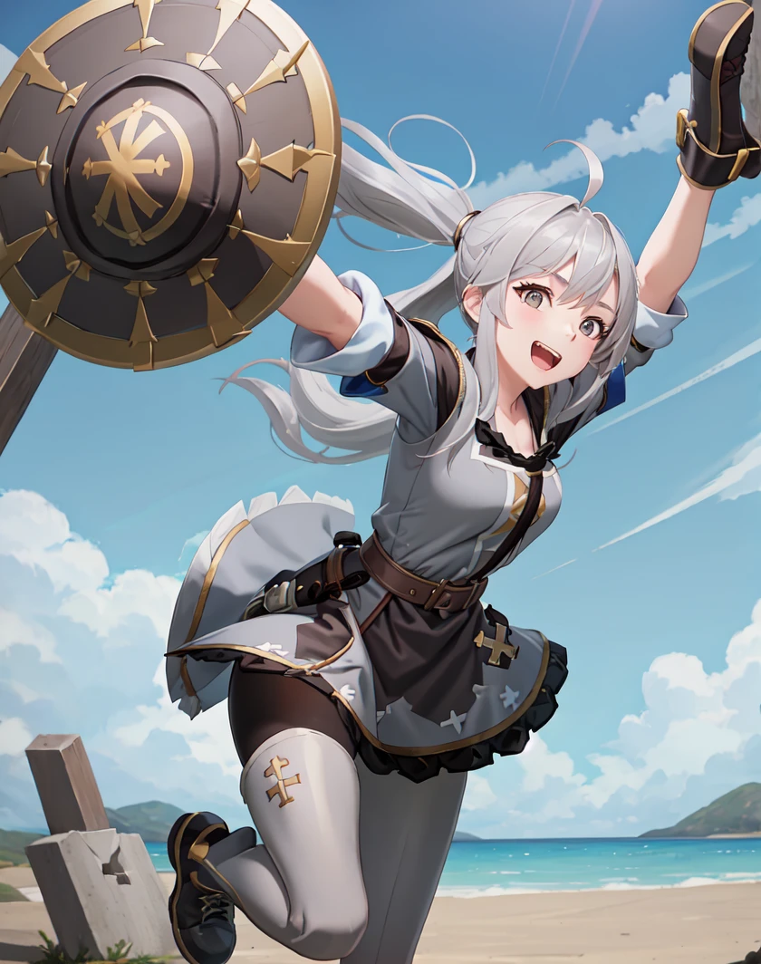 , <lora:ARWAMusketeerDress:.8> musketeerdress,outfit ,cross symbol, boots, holding sword <lora:Sonshitsuv2:0.4> sonshitsu, 1girl, grey hair, grey eyes, ahoge, side ponytail, teasing, laughing, Posing as if catching a frisbee, outdoors, entrance, leggings , large hat,