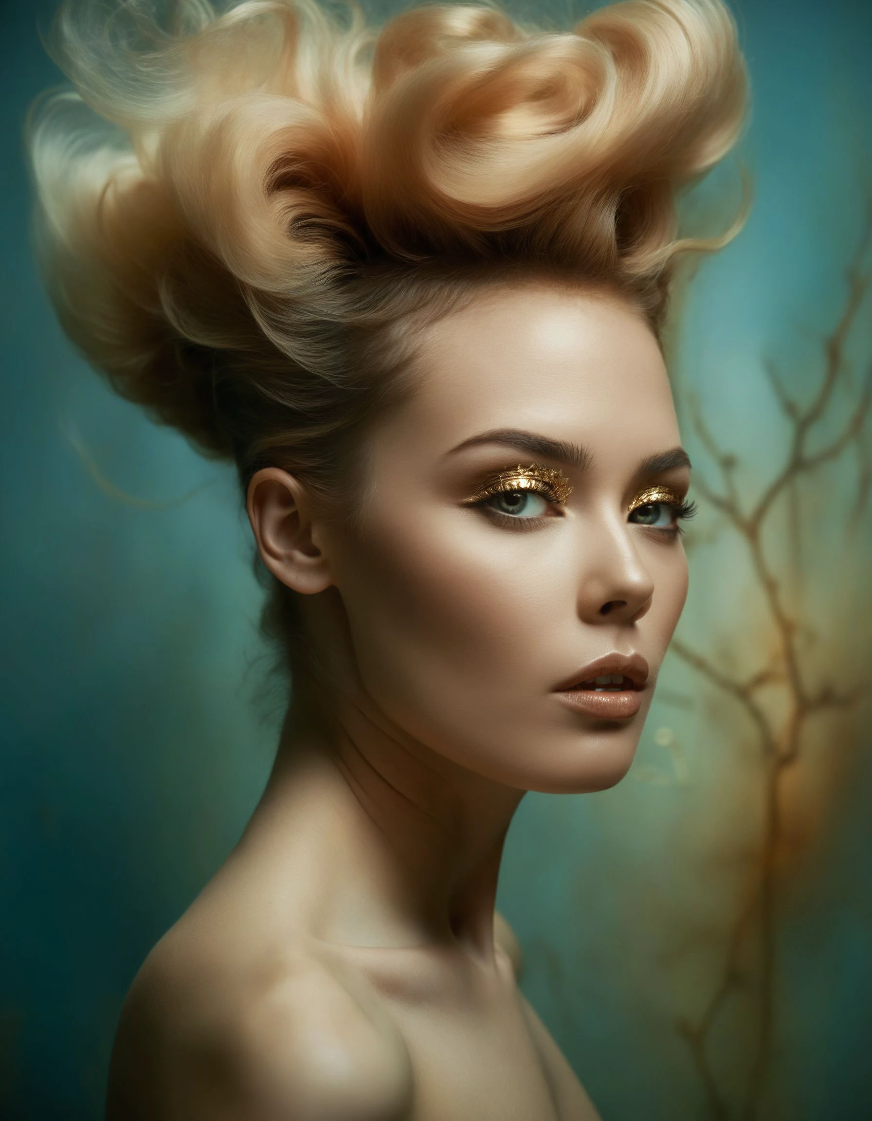 designed by Peter Gric, Marco Mazzoni, Neil Blevins, Kim Keever, Victo Ngai and James Jean, professional photo of a beautiful woman, she has Pompadour hair, Ilford XP2 400, L USM, beautiful composition, complex, cinematic light, dynamic composition, highly color focused, rich vivid colors