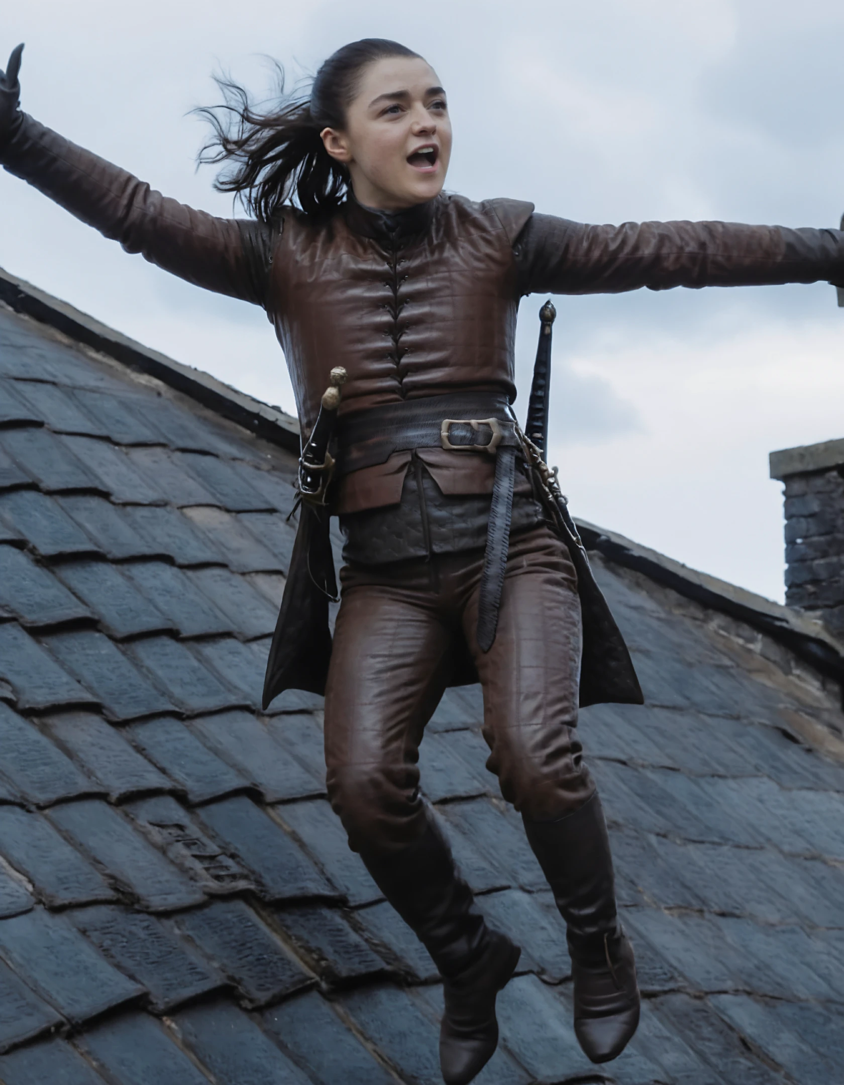 high resolution photo of ar1ast4rk woman,she is jumping from a roof,full body shot,her hair is brown and slicked back,she is wearing season8 outfit