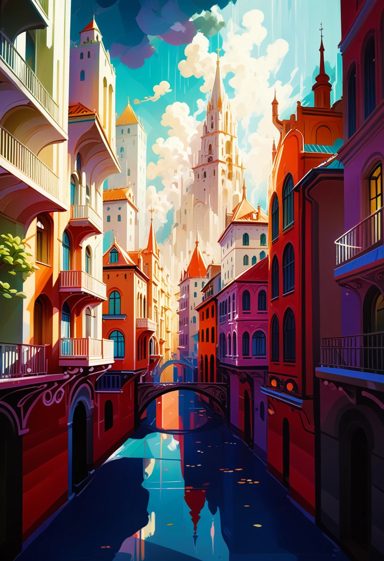 a soft digital brushstroke style, reminiscent of watercolor and colored pencils, with vibrant colors and fluid lines, depicting a lively and whimsical Great, Gargantuan Fantasy Metropolis Outside of Reality. The cityscape features a harmonious blend of architectural influences from various cultures and eras, all intertwined and interconnected within a grand grid pattern. The skyscraper spires reach towards the clouds, adorned with intricate facades that sparkle like precious jewels. Narrow alleyways weave through the sprawling city, leading to tranquil courtyards filled with bountiful gardens and shimmering fountains. Inhabitants of the city appear as playful and carefree, dressed in vivid attire that complements the vivid hues of their surroundings.