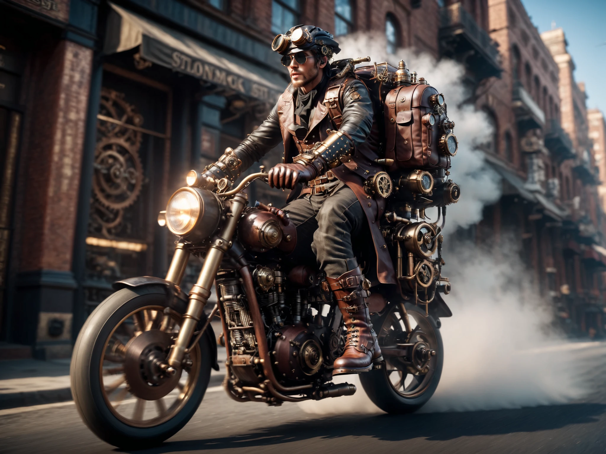 man driving a motorbike, steampunk, boots, gloves, backpack, mad-stpk-bts, mad-stpk_glvs, mad-stpk-bkpk, steam, grease, motion blur, cinematic shot, dramatic lighting, masterpiece, best quality, ultra high res, (photorealistic, realistic:1.2), deep shadow, raw photo, film grain, Fujifilm XT3, 8k uhd, dslr)