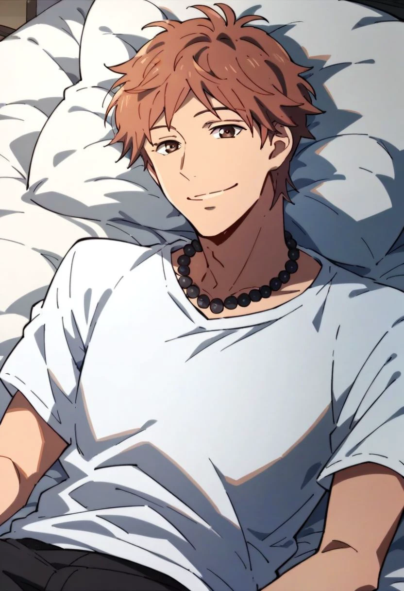 (score_9, score_8_up:1.1), score_7_up, suwa hiroto, 1boy, solo, brown eyes, black pearls necklace, white t-shirt, black shorts, lying on bed, bedroom, smile