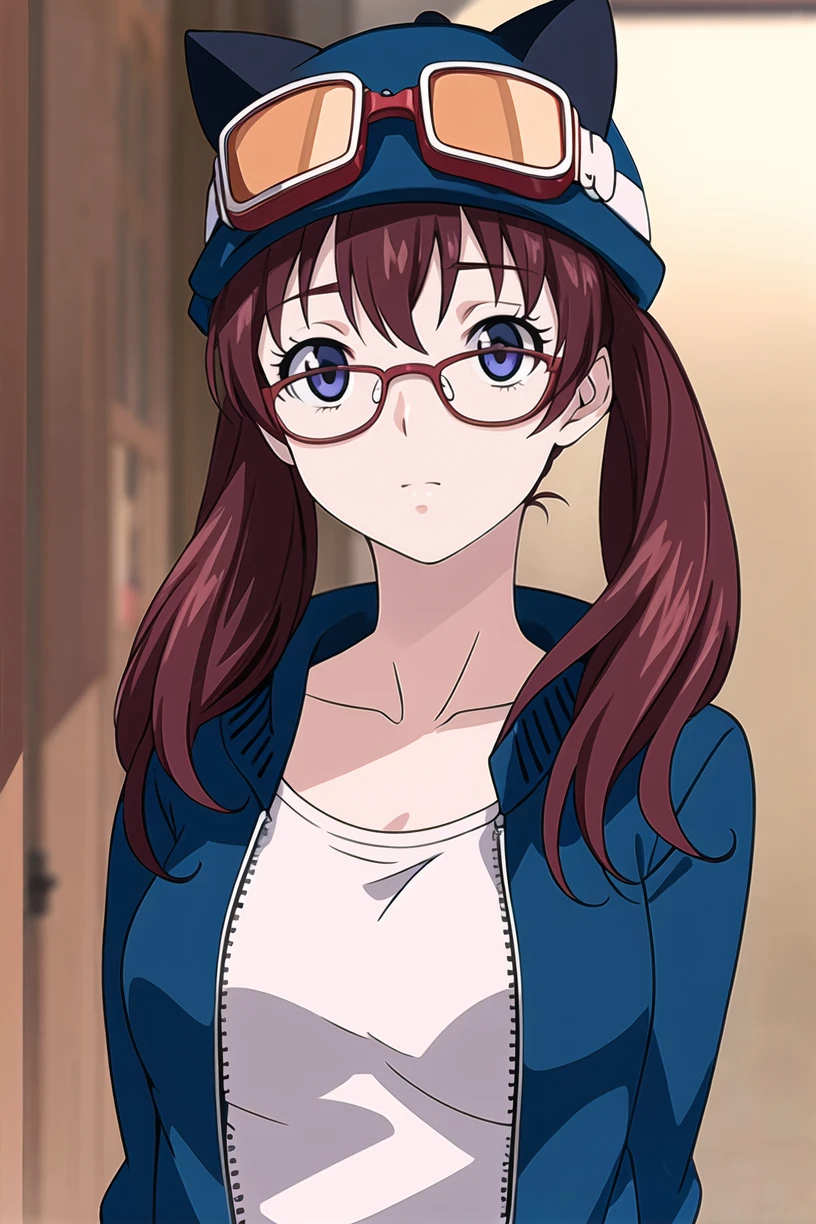 best quality,masterpiece,looking at viewer,absurdres,1girl,
depth of field,<lora:010-é£è½®å°å¹´-éå±±éææªV1-000010:0.7>,noyamano ringo,red hair,purple eyes,twintails,long hair,glasses,red-framed eyewear,goggles on headwear, jacket, red hair, upper body, breasts, shirt, blurry, open jacket, goggles on head,open clothes, closed mouth, cat hat, medium breasts, blue jacket, night
