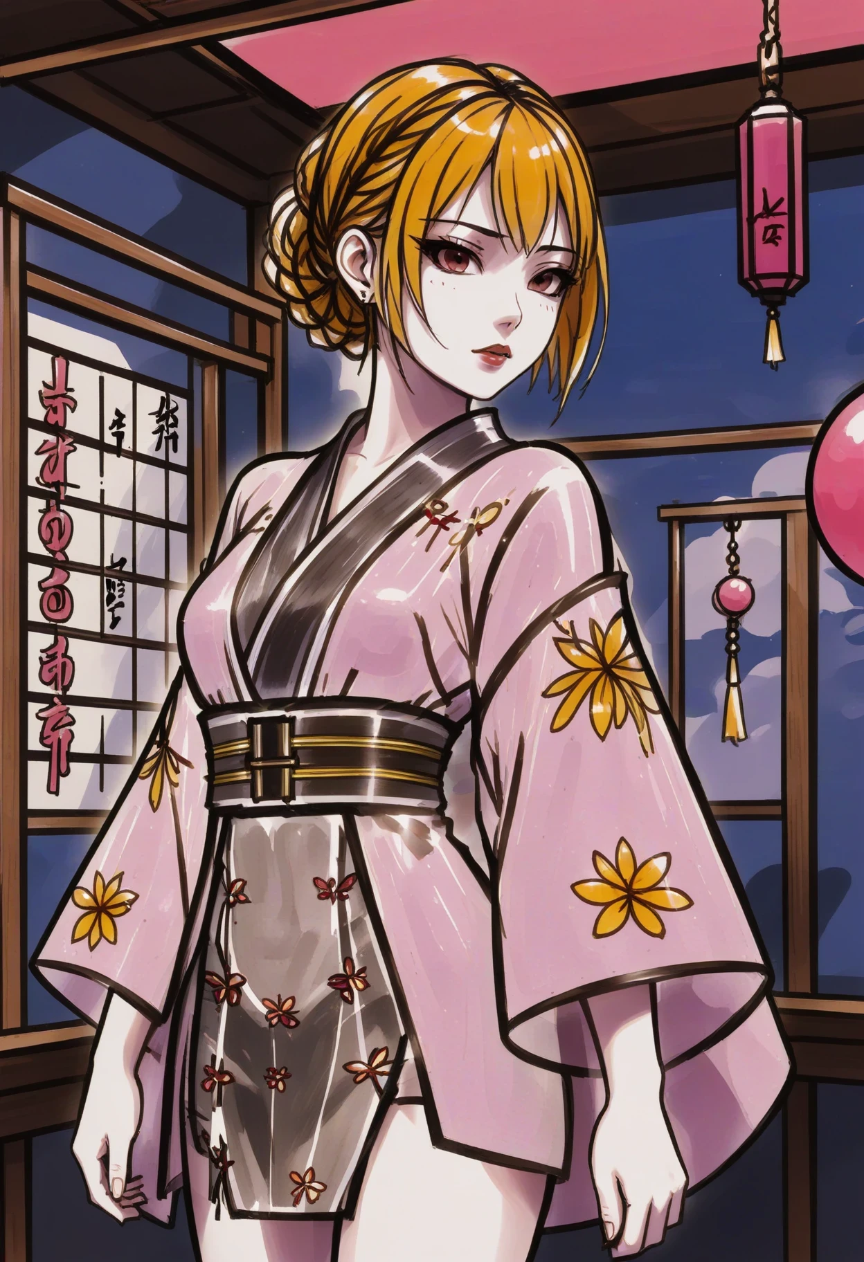 a young woman with a bombshell hairstyle, wearing a formal costume that incorporates elements of both antipaladin and Japanese cultures. The costume features a knee-length skirt and poncho, and is adorned with beautiful deeppink metal and yellow accents. Her hair is styled in a chubby bob cut with Butterfly Braids, adding a playful touch to her overall appearance. In the background, there is a simple, yet elegant, backdrop showcasing a Futuristic Weapon Shop room. The color palette consists of deep shades of crimson and ebony, with pops of electric blue and goldenrod for added depth and interest. The art style is a fusion of cyberpunk, traditional ukiyo-e woodblock prints, and manga, resulting in a visually striking and imaginative piece.