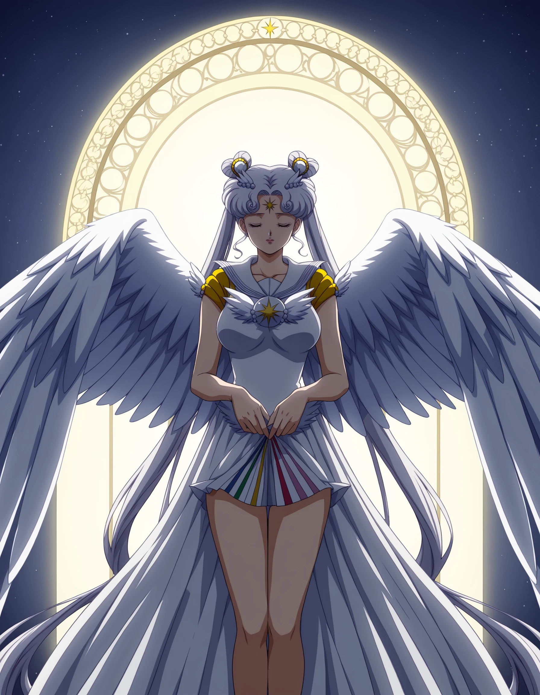 Sailor Cosmos, (extremely detailed CG unity 8k wallpaper), (ultra-detailed), mature female, (clothes lift:1.3), art nouveau, bbw, voluptuous, large breasts, (intricate details:1.2), (scenery:1.11), sailor cosmos, 1girl, wings, hair bun, solo, double bun, facial mark, dress, bare legs, twintails, white wings, long hair, jewelry, forehead mark, white hair, white dress, magical girl, angel wings, sailor senshi uniform, white sailor collar, brooch, white theme, feathered wings, closed eyes, hair ornament, short dress, very long hair, crescent, score_9, score_8_up, score_7_up, score_6_up, rembrandt lighting, sidelighting, <lora:SailorCosmosPnyXL:0.8>